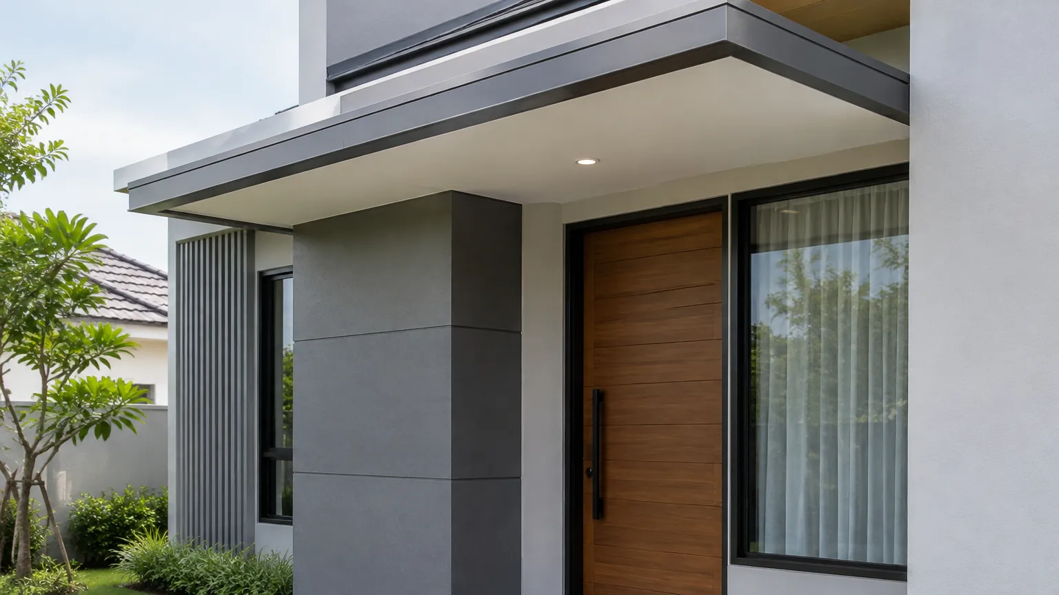 Fasad minimalis dengan panel abu-abu dan pintu kayu