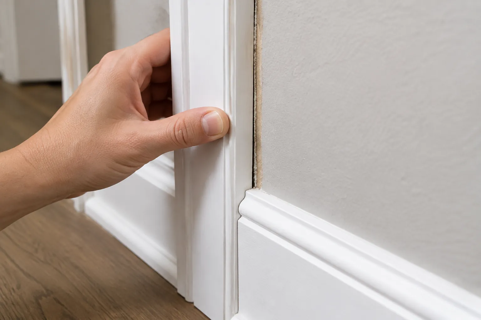 Seseorang memeriksa trim pintu putih yang renggang
