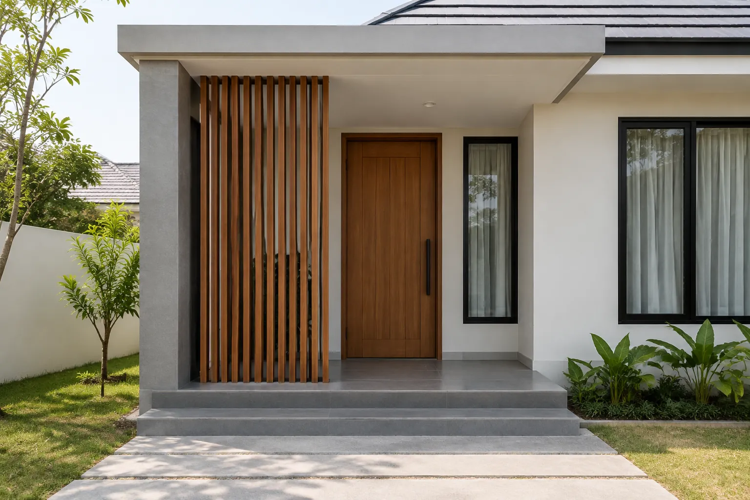 Fasad rumah dengan kisi kayu sebagai titik fokus dekat pintu