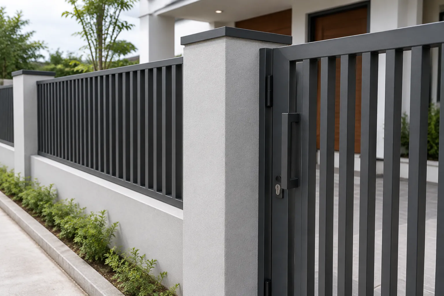 Detail bilah logam dan tiang pagar abu-abu