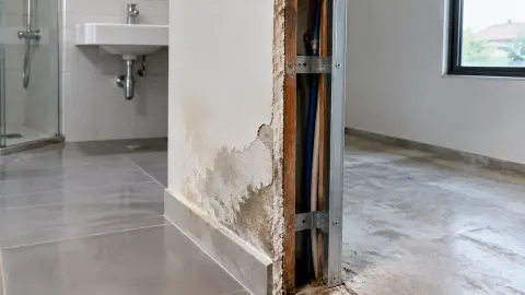 Partisi lembap dengan lapisan terbuka dekat kamar mandi