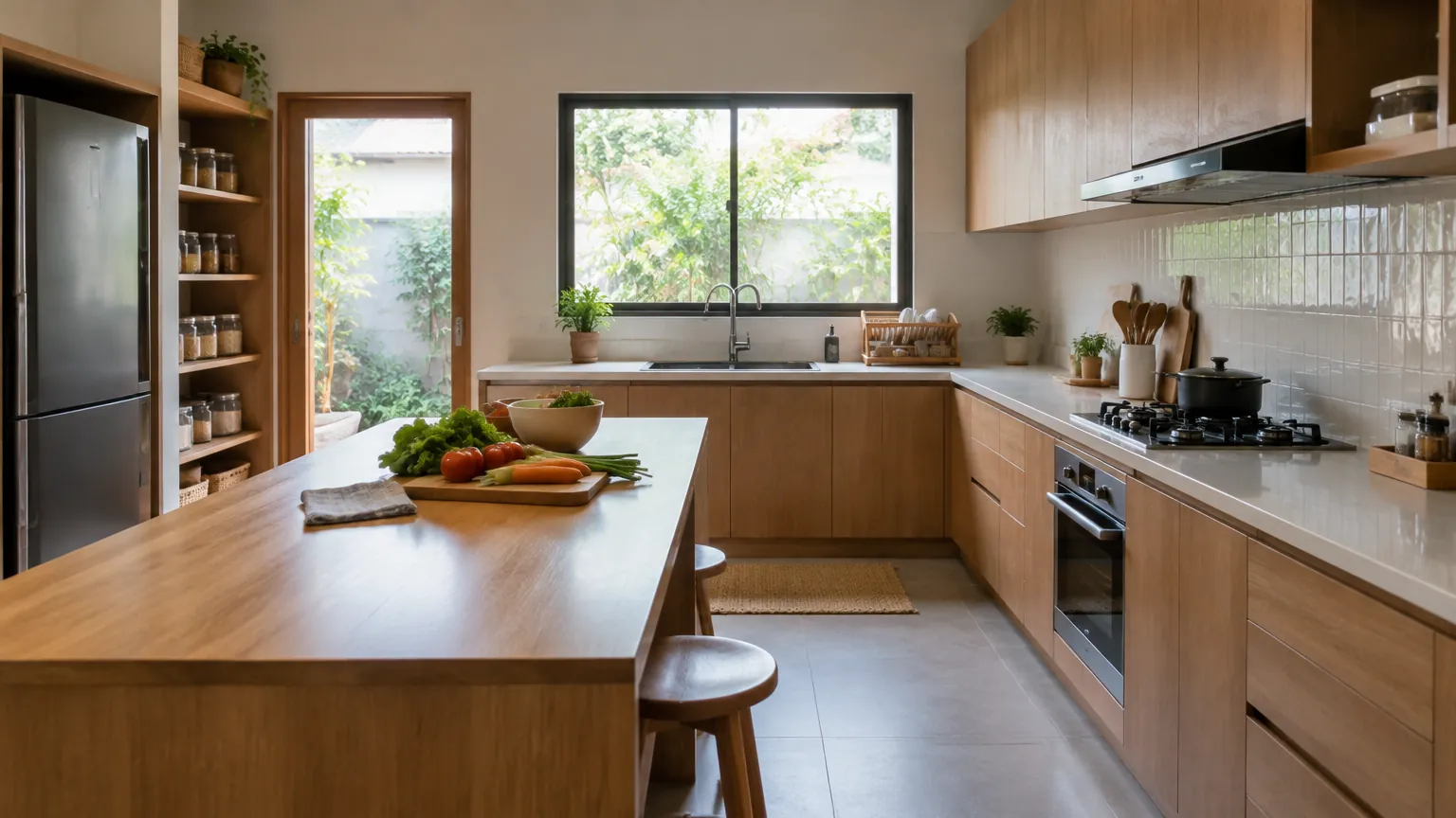 Dapur terbuka dengan kabinet kayu dan meja tengah