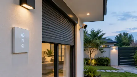 Pintu gulung luar rumah dengan panel kendali di dinding