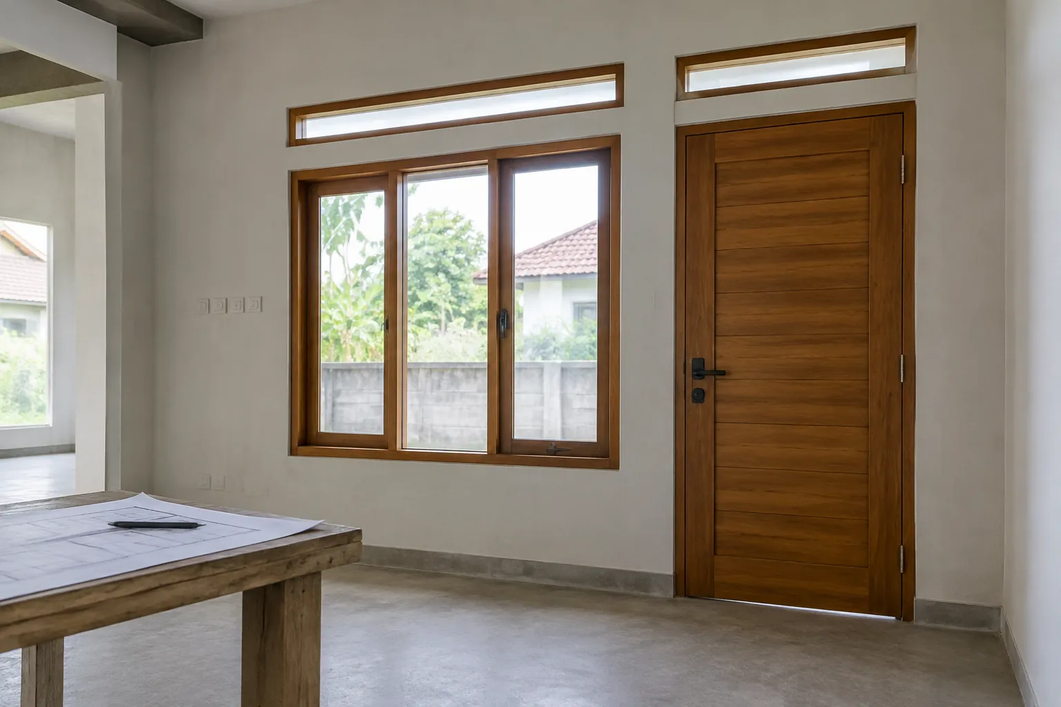Dinding blok dengan pintu dan jendela kayu