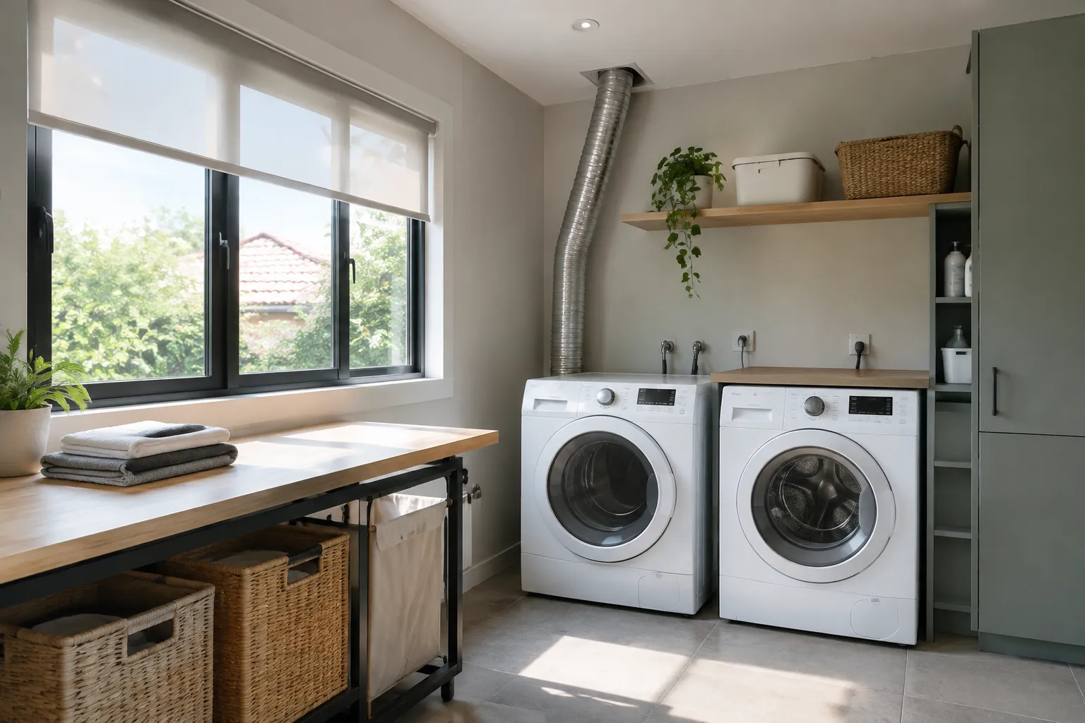 Tirai gulung pada jendela memberi teduh ke area kerja laundry