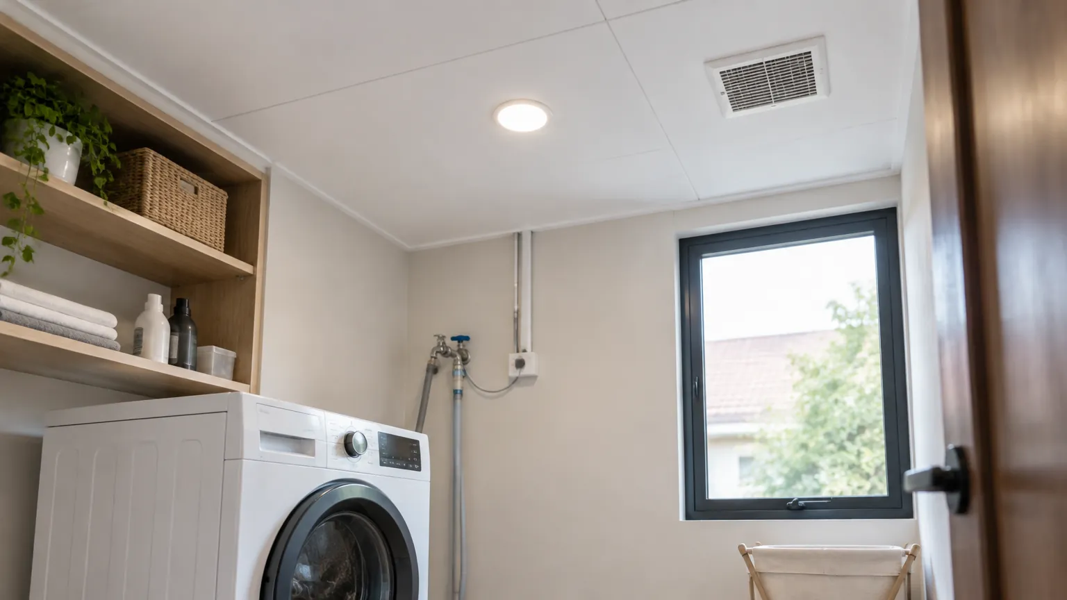Plafon panel pada ruang laundry dengan mesin cuci