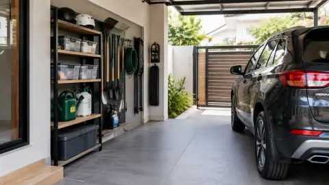 Carport dengan rak penyimpanan di tepi tempat parkir