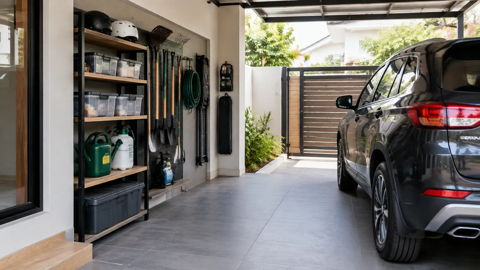 Carport dengan rak penyimpanan di tepi tempat parkir