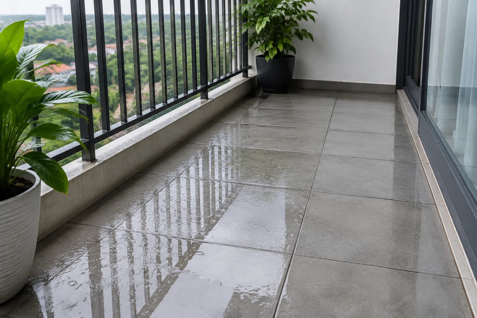 Lantai balkon basah dengan jejak air di dekat pagar