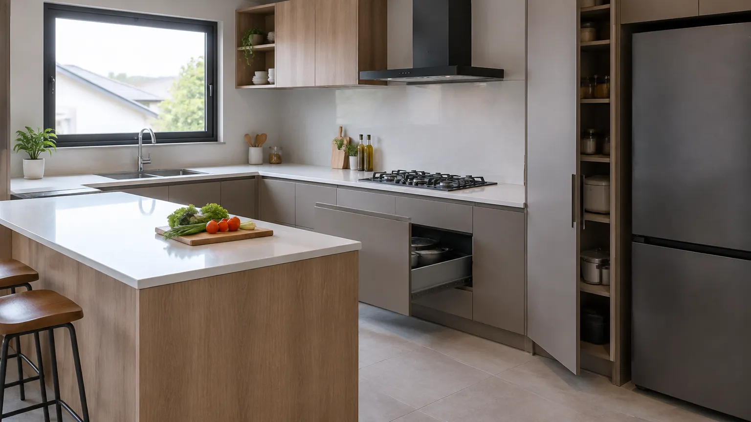 Dapur dengan kabinet kayu, lemari es, dan meja pulau