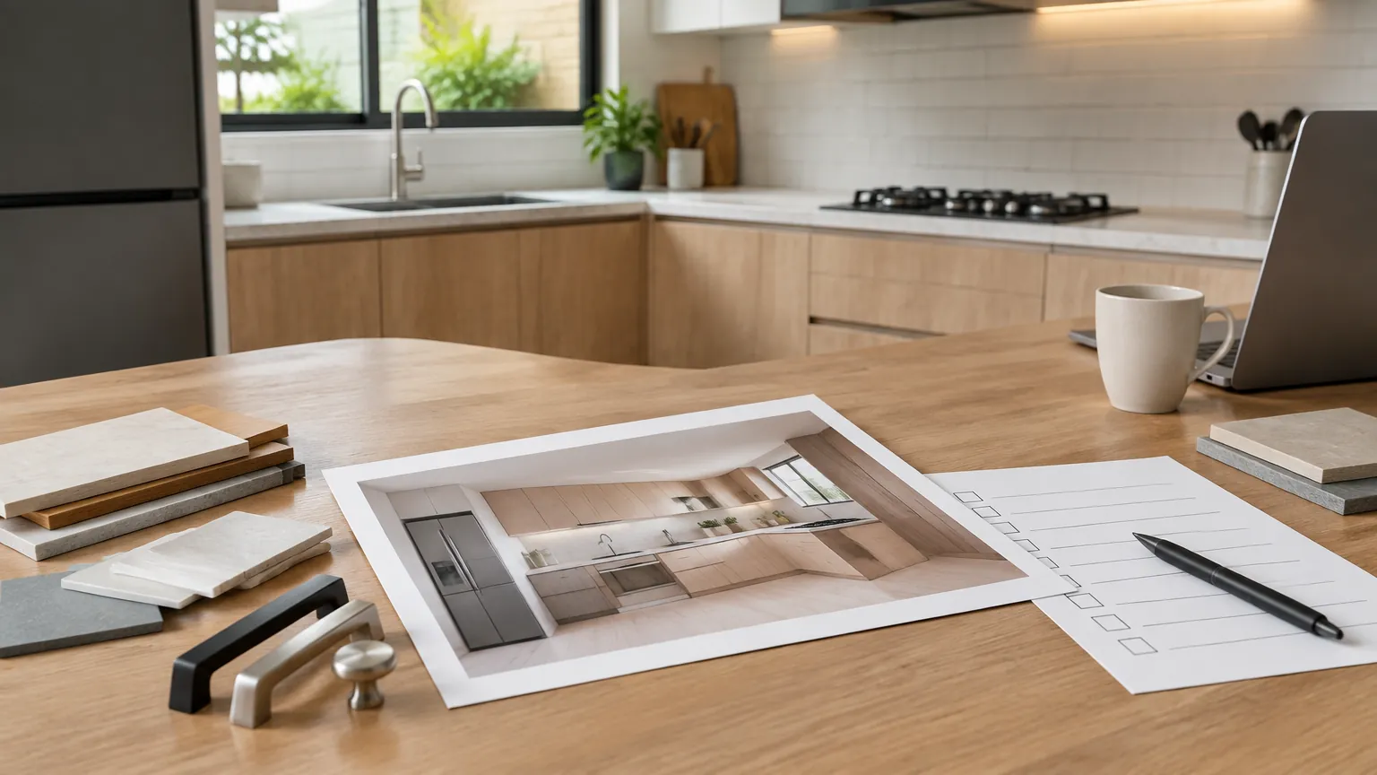Meja perencanaan dapur dengan contoh bahan dan gambar tata ruang