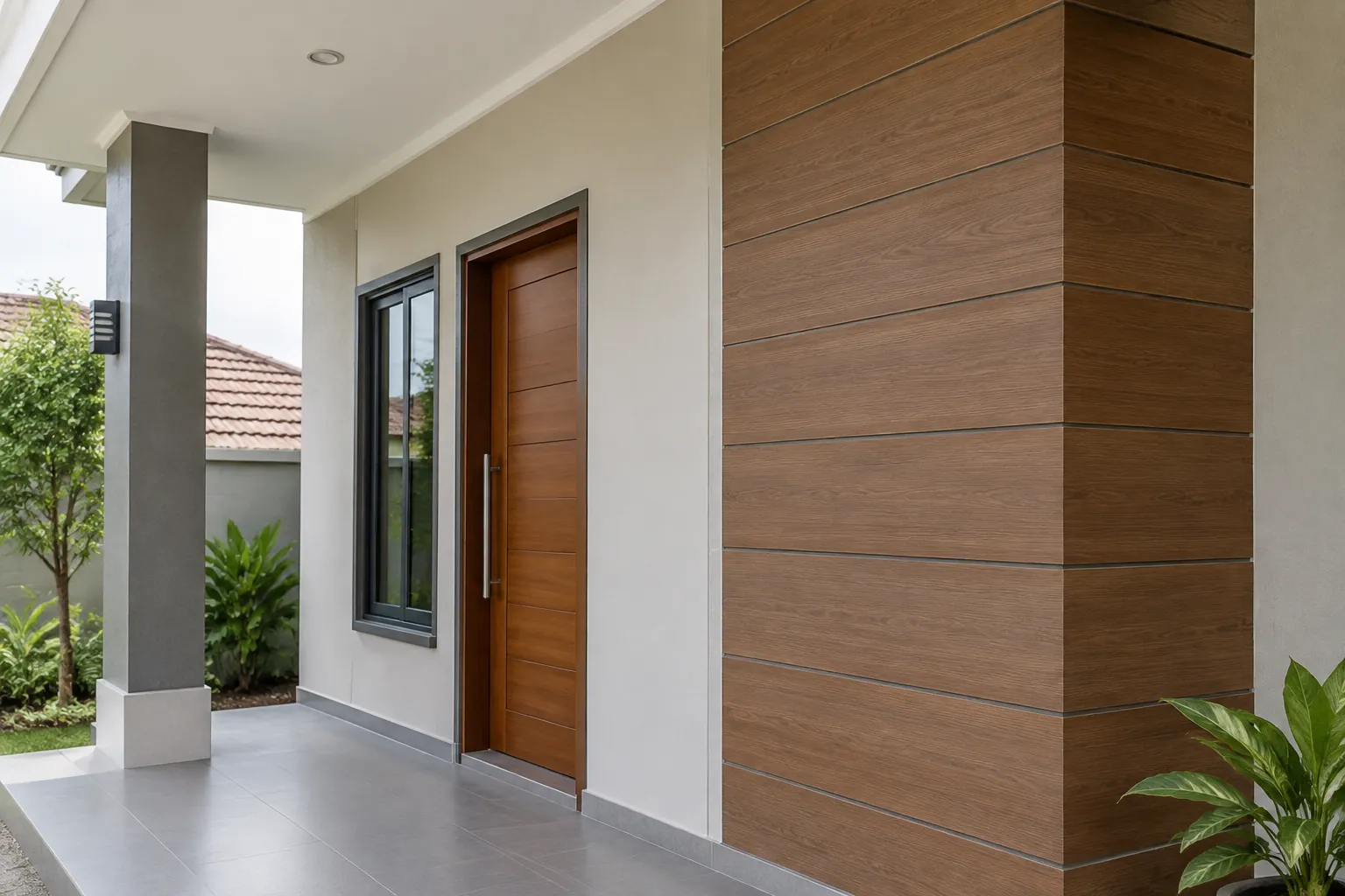 Pintu kayu dan panel dinding pada teras rumah