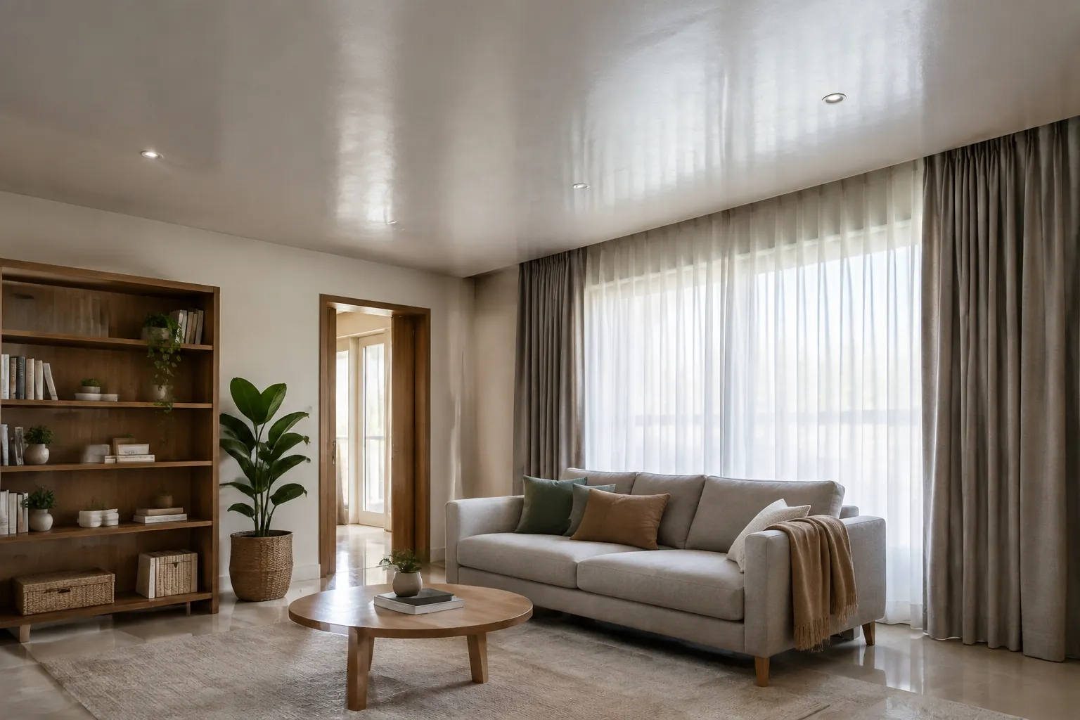 Ruang duduk dengan tirai, karpet, dan furnitur berlapis kain