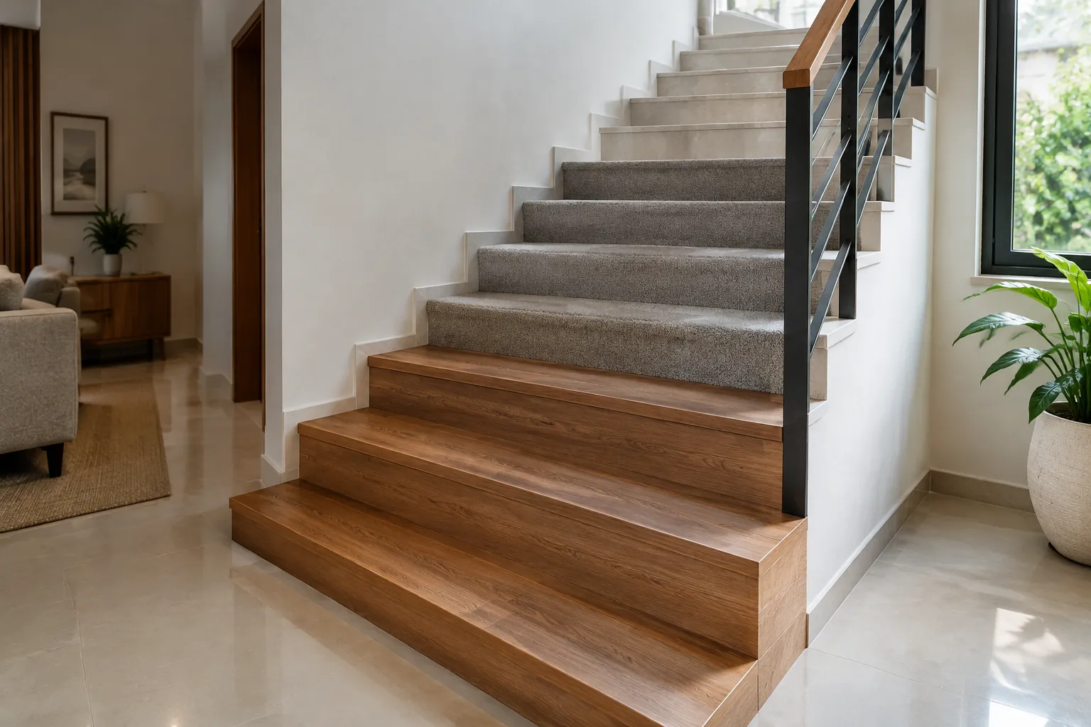 Tangga kayu dengan pegangan pada interior rumah.