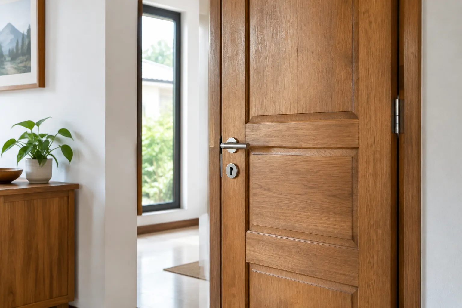 Pintu kayu berpanel dengan gagang logam di ruang rumah