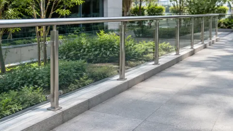 Railing kaca pada teras luar yang panjang