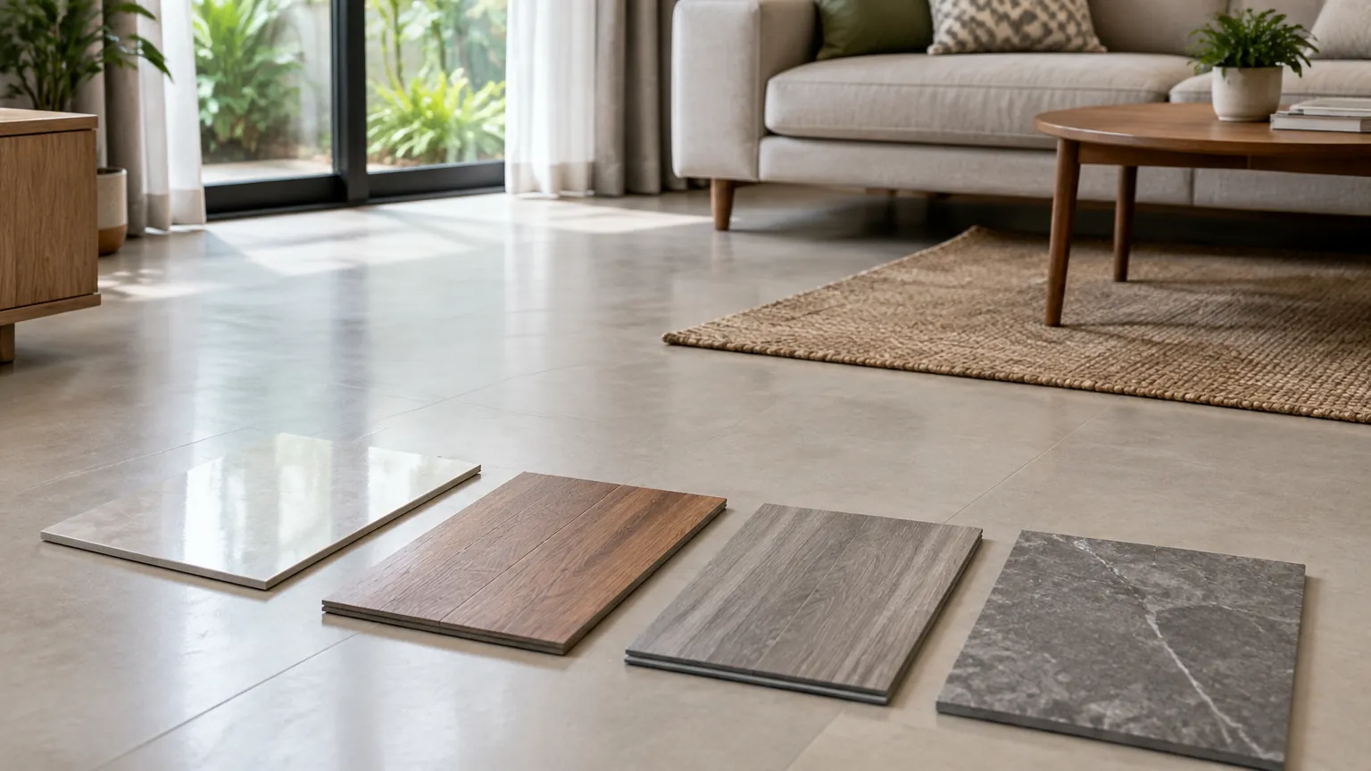 Contoh ubin dan bahan lantai di depan sofa ruang tamu