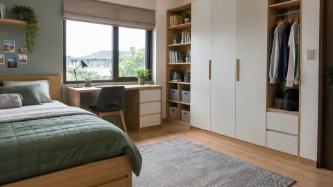 Kamar remaja dengan lemari, rak buku, dan meja belajar