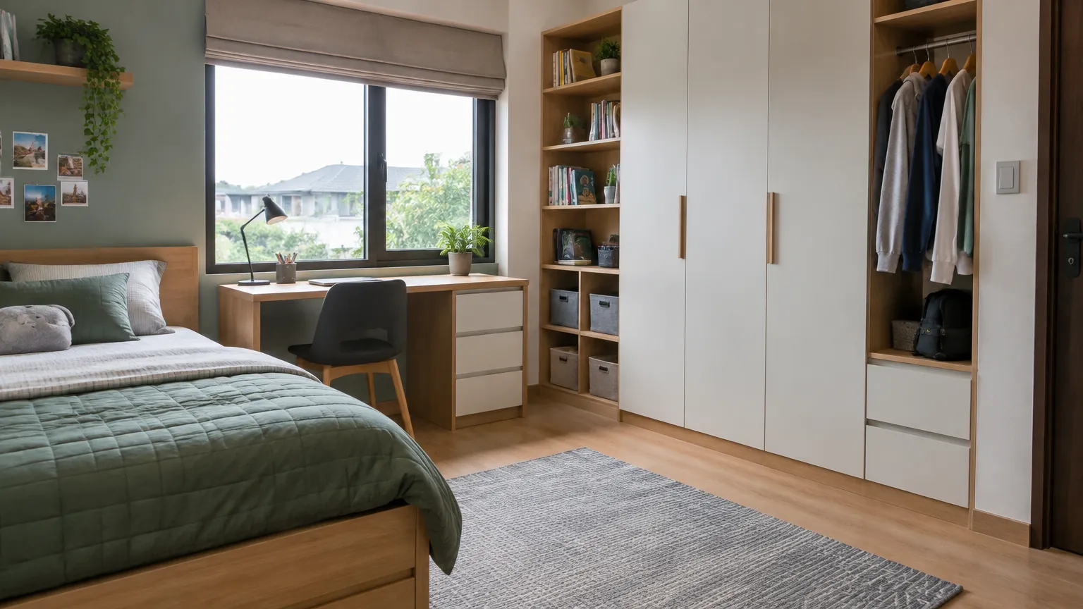 Kamar remaja dengan lemari, rak buku, dan meja belajar