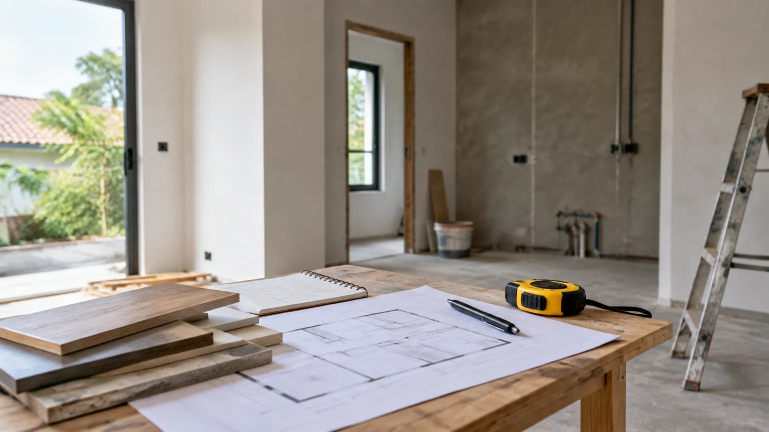 Ruang rumah yang sedang direnovasi dengan bahan dan gambar kerja