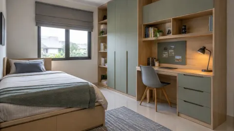 Kamar remaja dengan lemari terpasang dan meja belajar