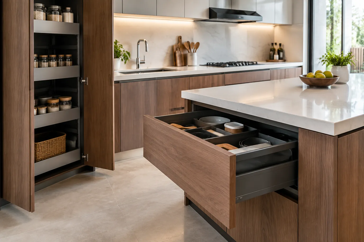 Laci dan kabinet dapur terbuka memperlihatkan perlengkapan memasak