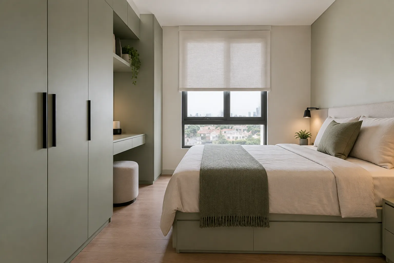 Kamar tidur terang dengan lemari putih dan selimut hijau
