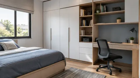 Kamar remaja dengan lemari tinggi dan meja belajar