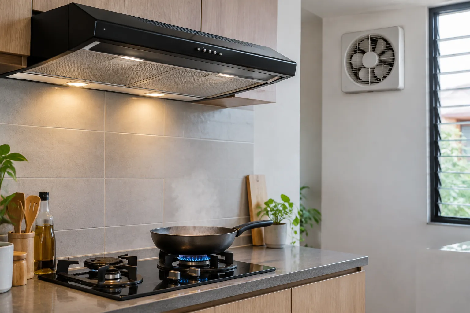 Cahaya cooker hood menyinari area memasak di dapur