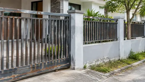 Pagar logam dengan lapisan cat tampak aus dan berkarat