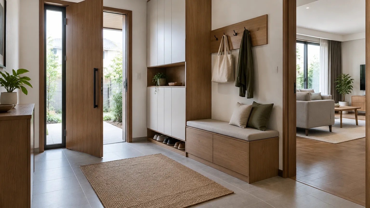 Foyer rumah dengan bangku, lemari sepatu, dan pintu masuk