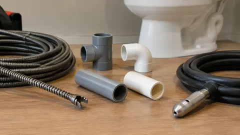 Pipa dan alat pembersih saluran di dekat toilet