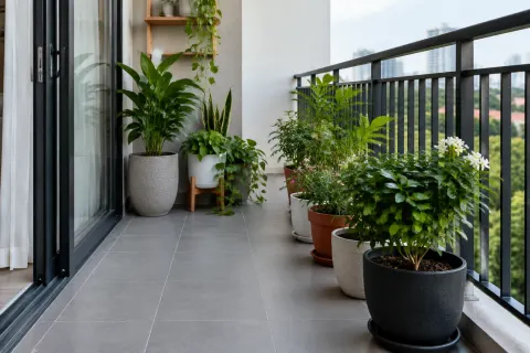 Tanaman pot di sepanjang pagar balkon