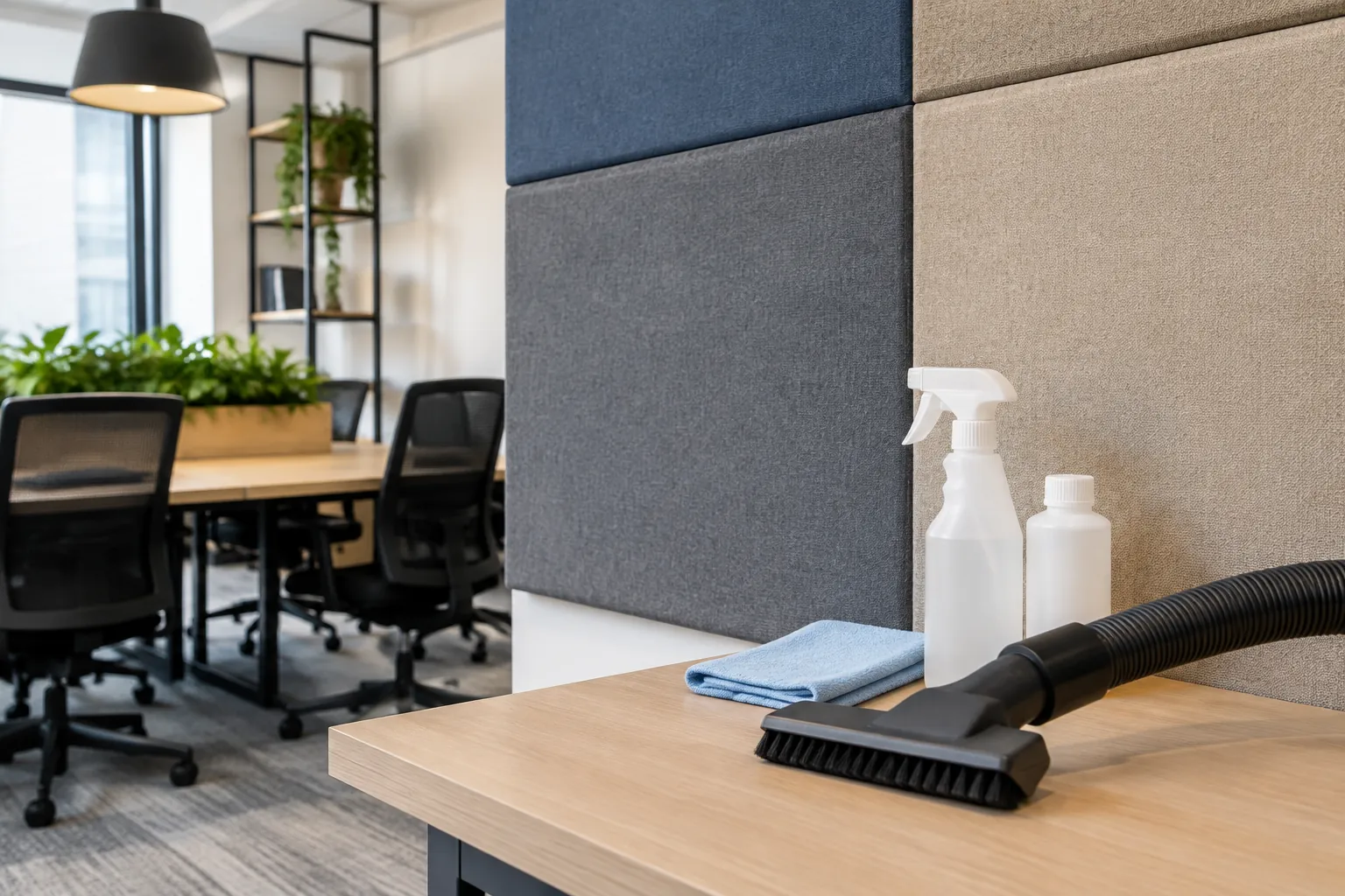 Alat penyedot debu diletakkan di depan panel kain kantor