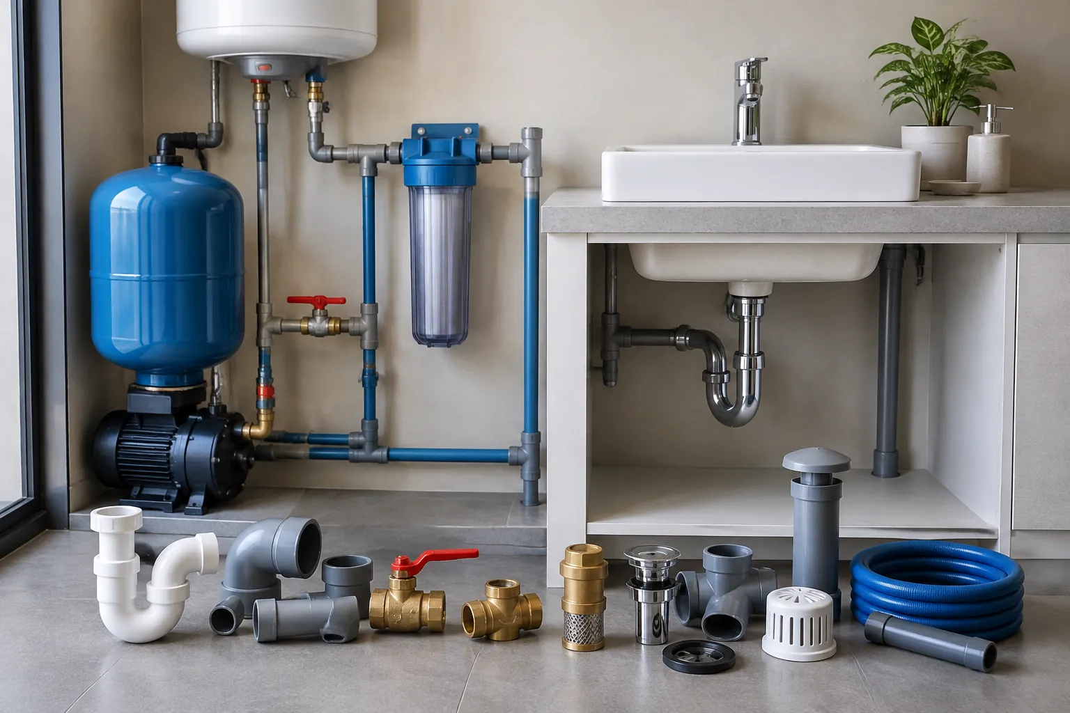 Pompa, tangki, filter, dan pipa servis di ruang rumah