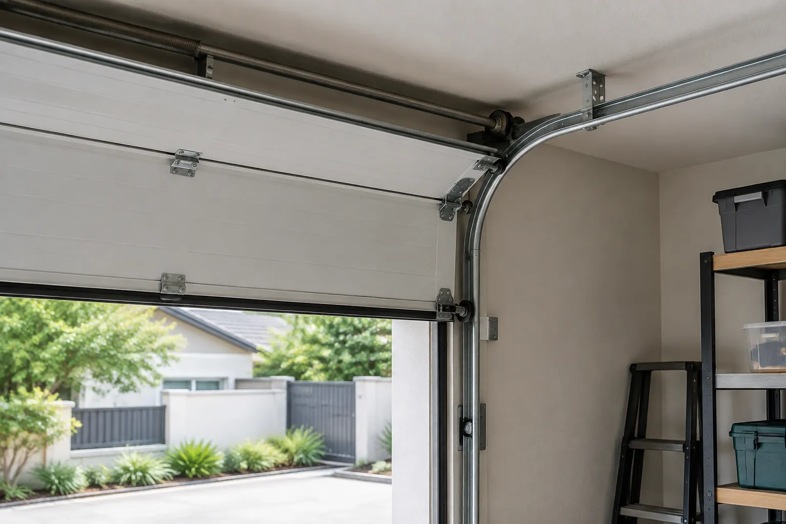 Rel dan perangkat keras pintu garasi terlihat saat pintu terangkat