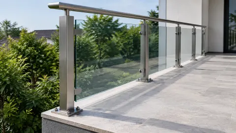 Railing kaca dan logam pada tepi balkon