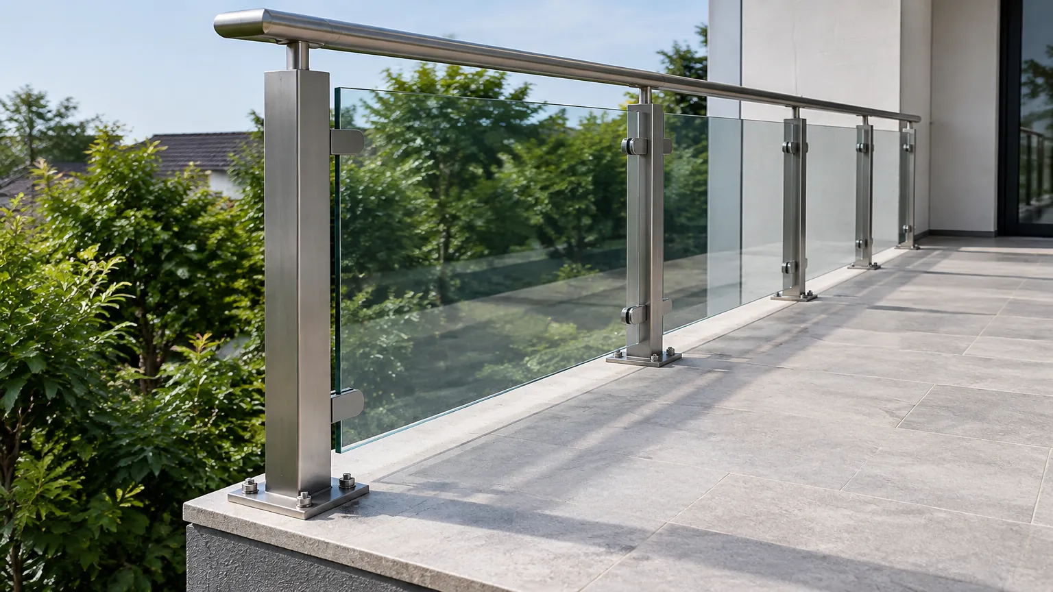 Railing kaca dan logam pada tepi balkon
