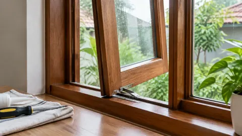 Jendela kayu terbuka dengan kain dan alat perawatan di ambangnya