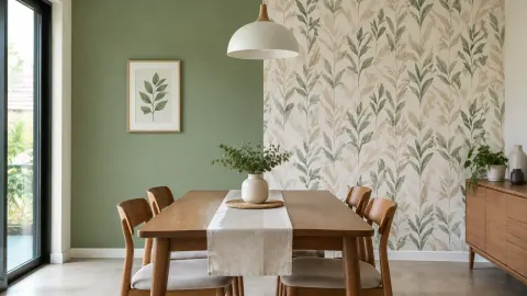 Ruang makan dengan satu dinding berwallpaper bermotif daun
