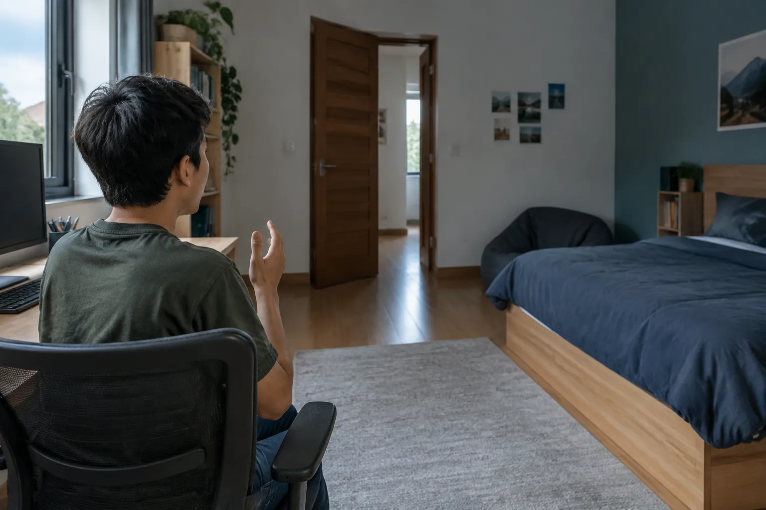 Seseorang duduk di kursi kamar remaja dengan dinding berpanel
