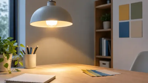 Lampu meja menerangi permukaan kerja