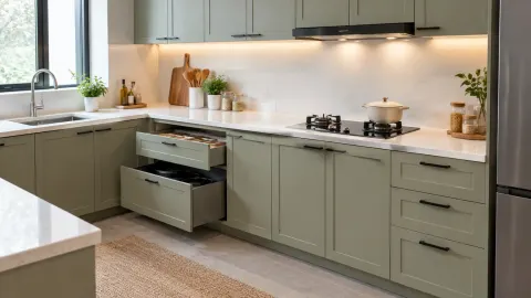 Kitchen set hijau dengan laci bawah terbuka