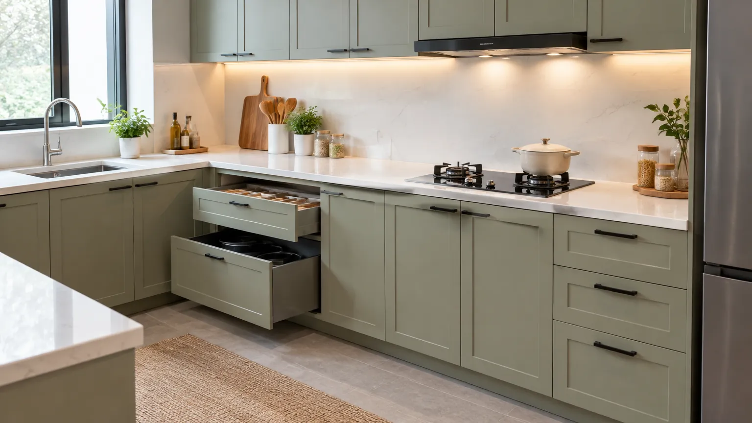 Kitchen set hijau dengan laci bawah terbuka