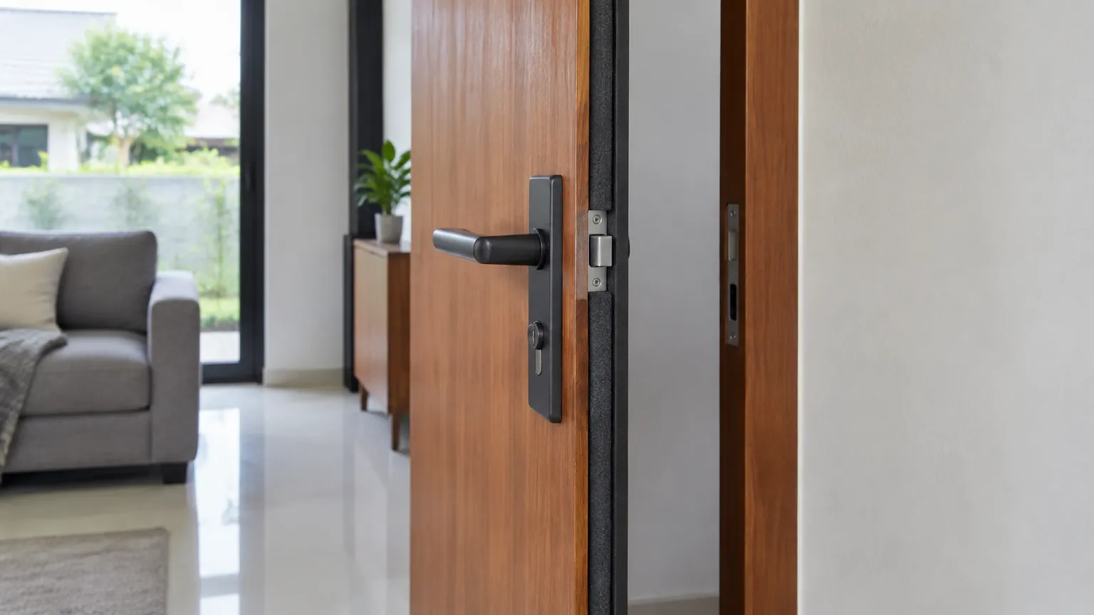 Pintu kayu terbuka dengan kunci dan gagang hitam