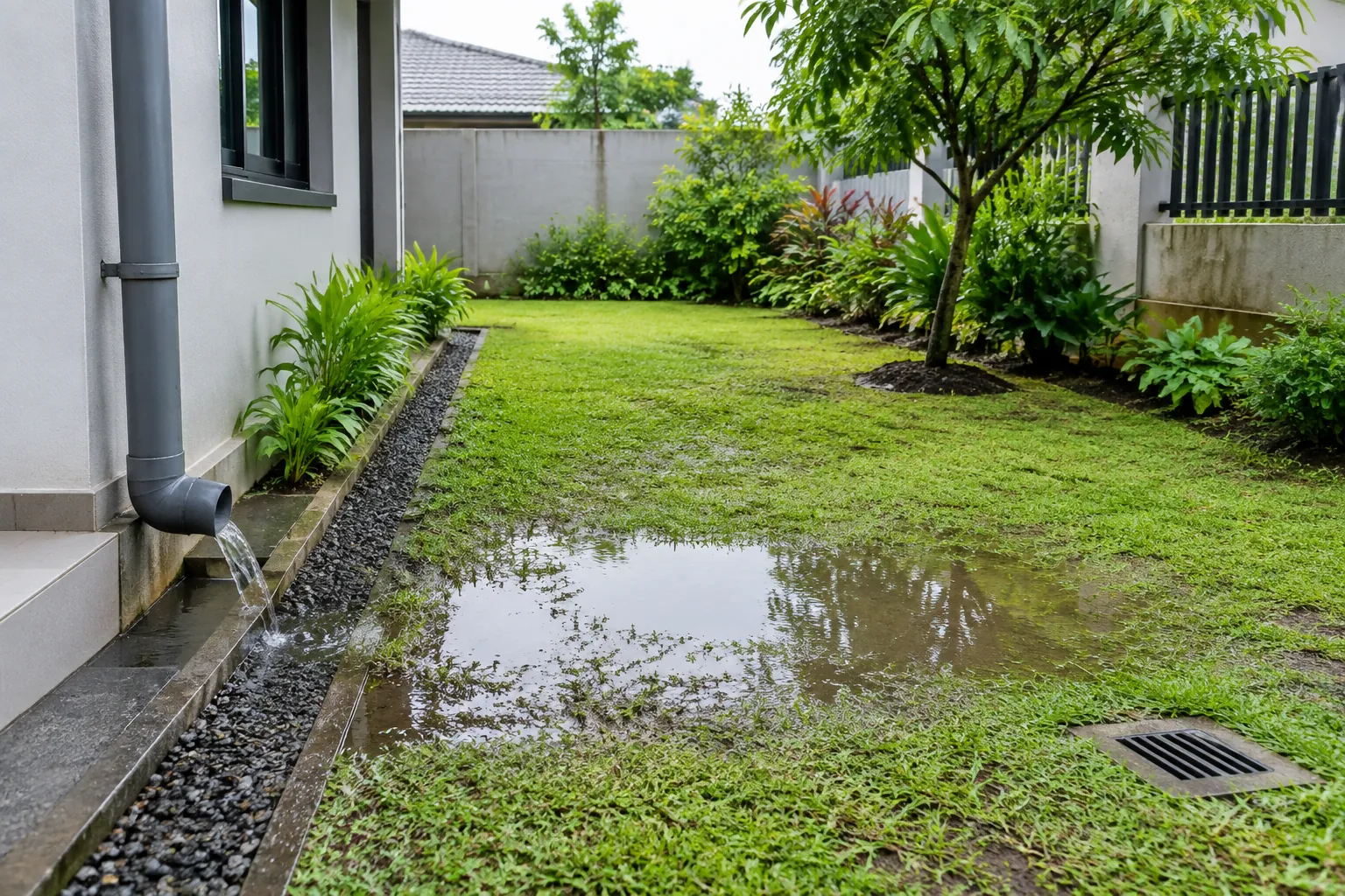 Air menggenang pada rumput di samping saluran rumah