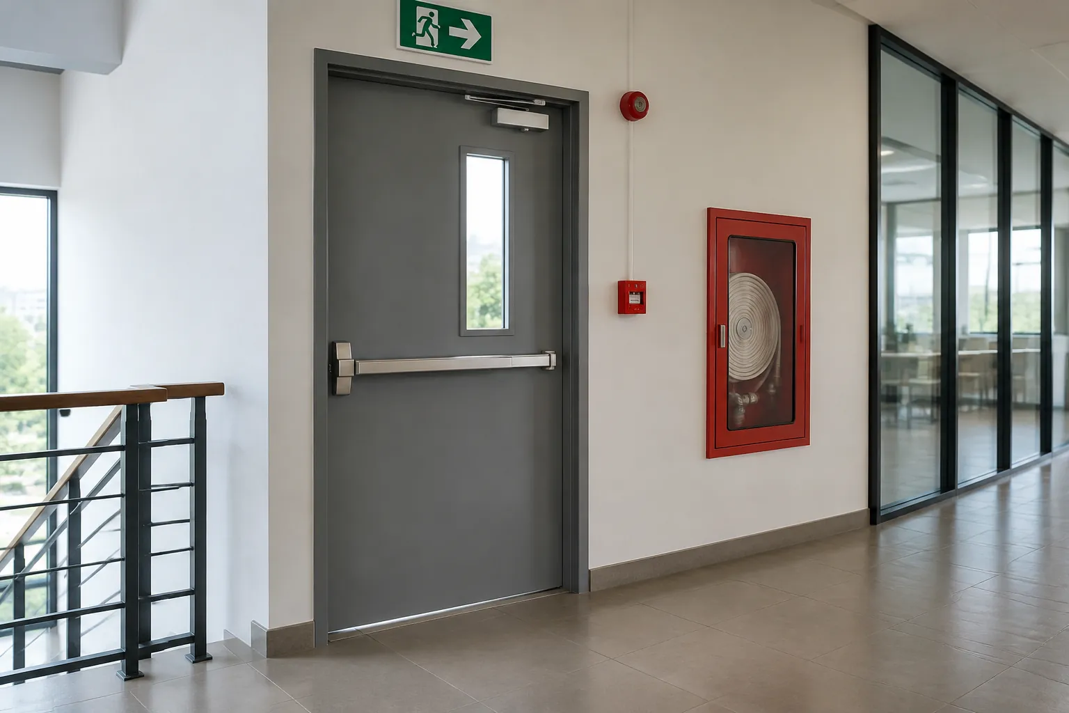 Pintu keluar pada ujung lorong dengan perlengkapan keselamatan di dinding