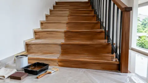 Tangga kayu sedang disiapkan untuk finishing