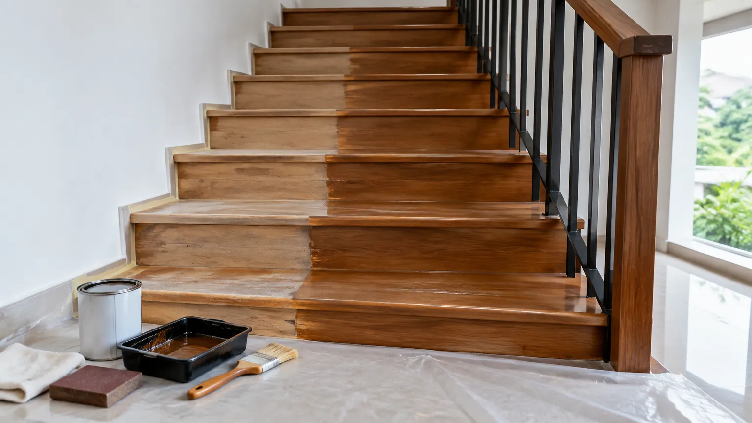 Tangga kayu sedang disiapkan untuk finishing