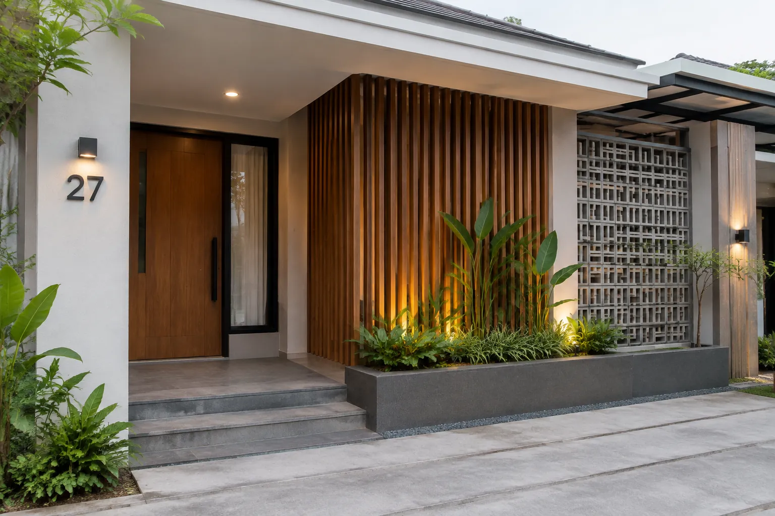 Dinding depan rumah dengan ornamen vertikal dan lampu taman